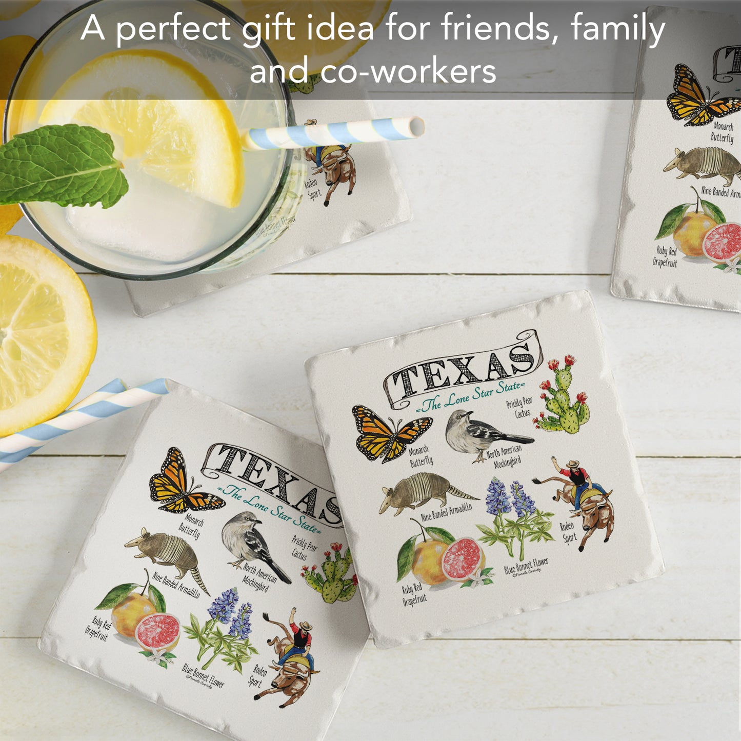 Thirstystone Texas State Icons 4 Pack Tumbled Tile Stone Coasters 4" Square Manufactured in the USA