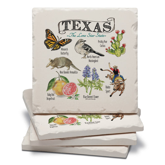 Thirstystone Texas State Icons 4 Pack Tumbled Tile Stone Coasters 4" Square Manufactured in the USA