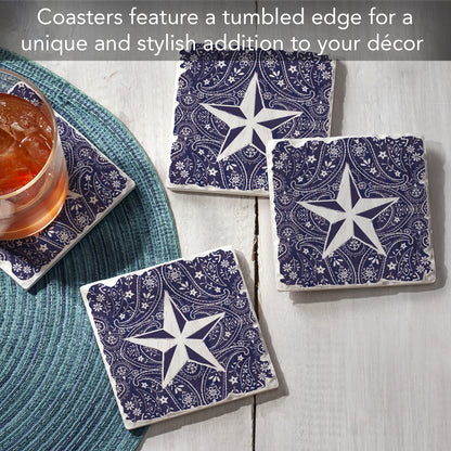 Thirstystone Blue Bandana Star 4-Pack Tumbled Tile Stone Coasters 4" Square Manufactured in the USA