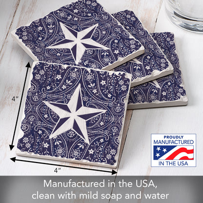 Thirstystone Blue Bandana Star 4-Pack Tumbled Tile Stone Coasters 4" Square Manufactured in the USA