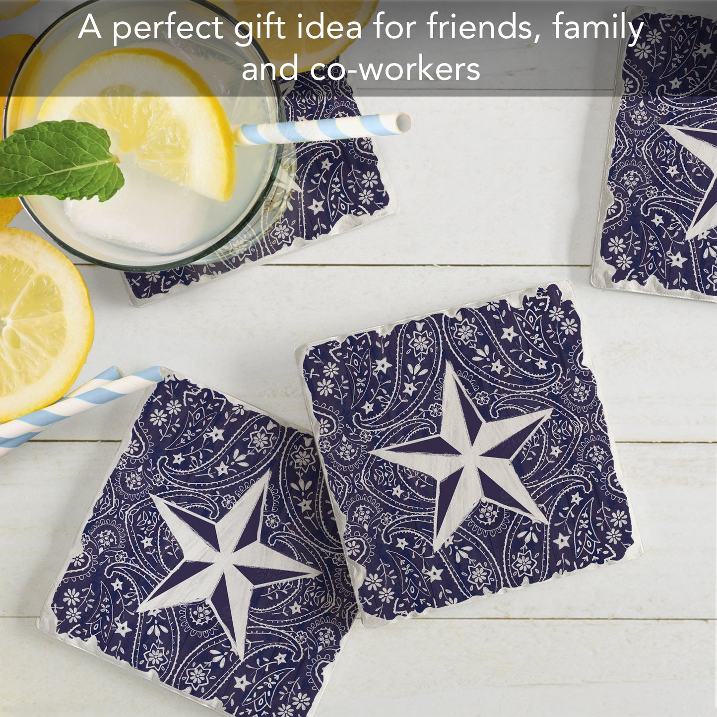 Thirstystone Blue Bandana Star 4-Pack Tumbled Tile Stone Coasters 4" Square Manufactured in the USA