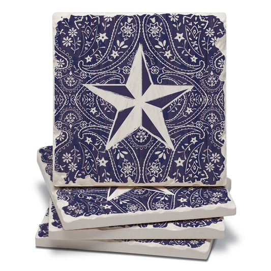 Thirstystone Blue Bandana Star 4-Pack Tumbled Tile Stone Coasters 4" Square Manufactured in the USA