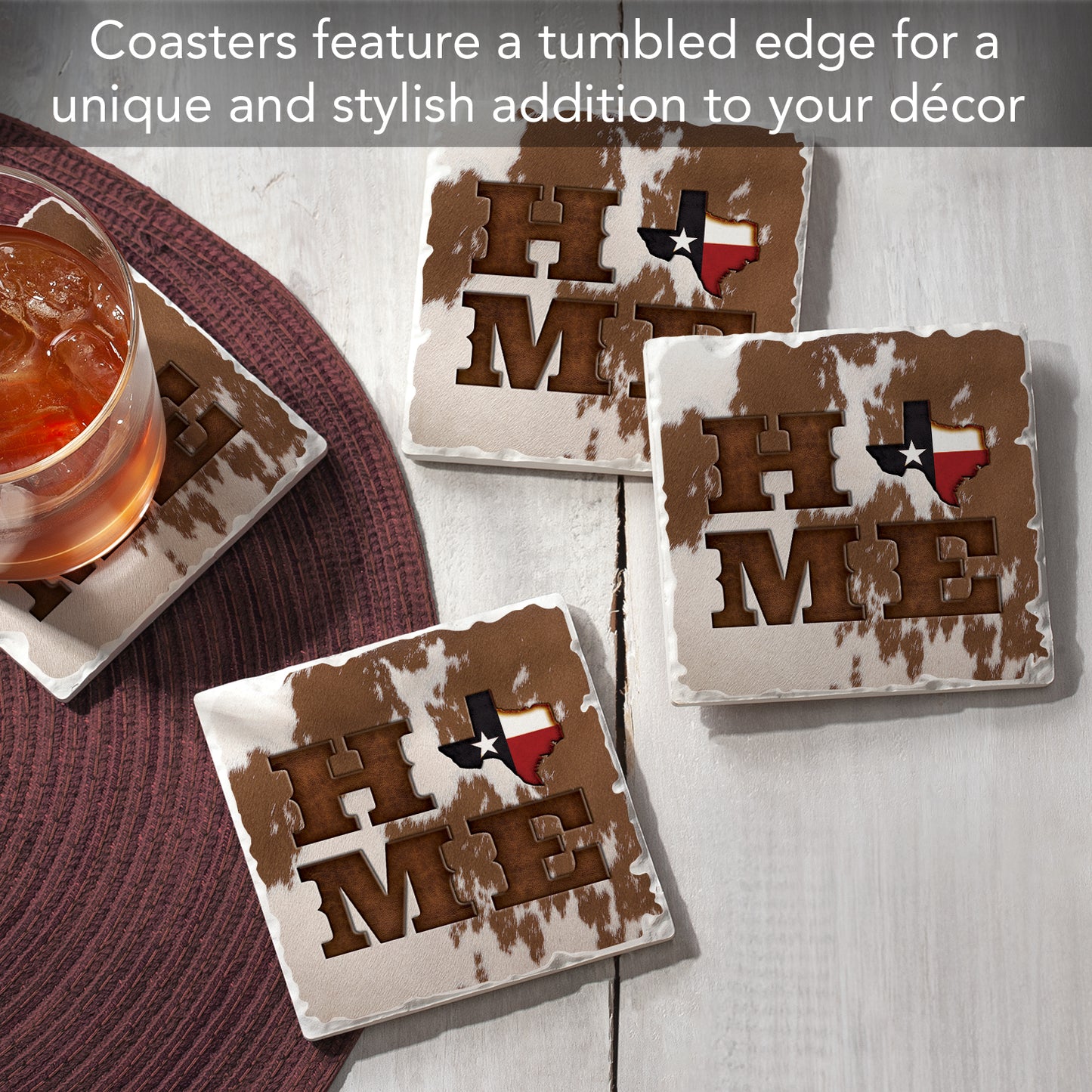 Thirstystone Texas Cowhide Home 4 Pack Tumbled Tile Stone Coasters 4" Square Manufactured in the USA