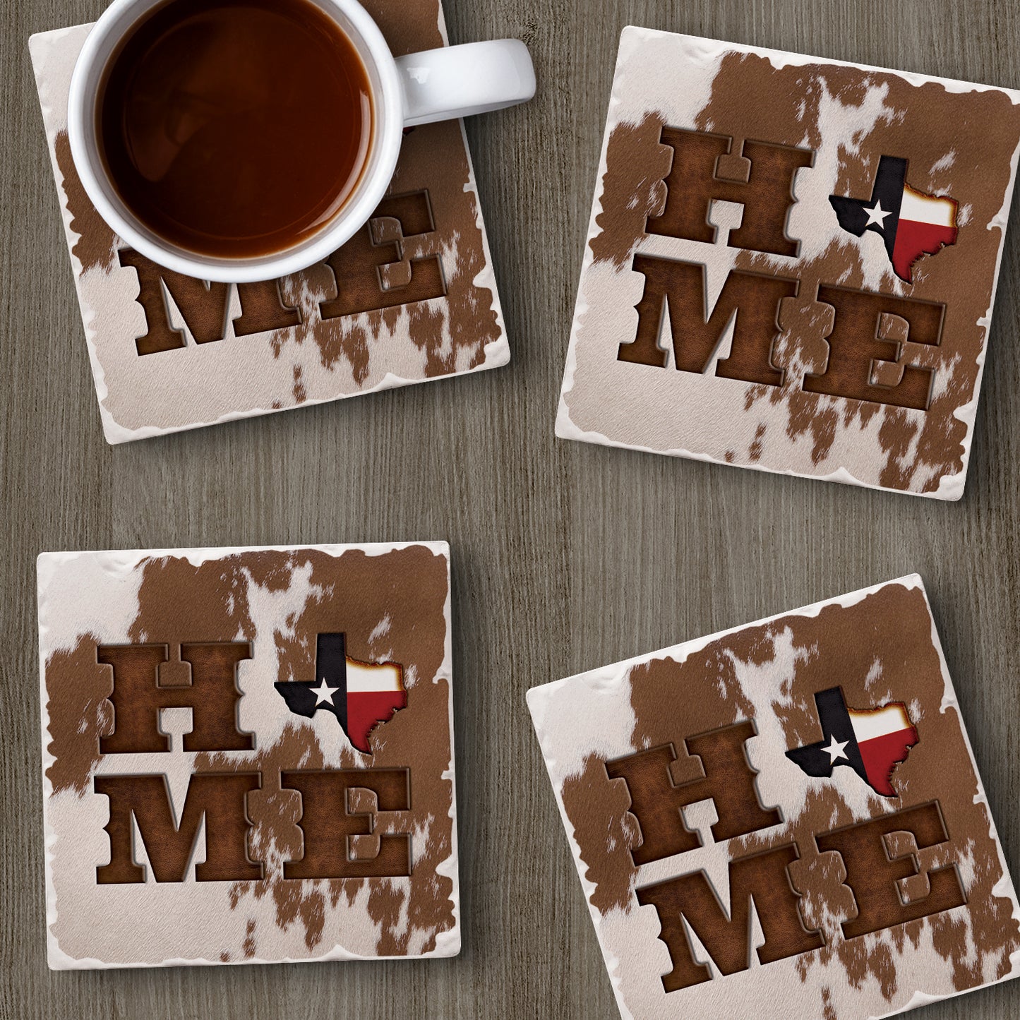 Thirstystone Texas Cowhide Home 4 Pack Tumbled Tile Stone Coasters 4" Square Manufactured in the USA