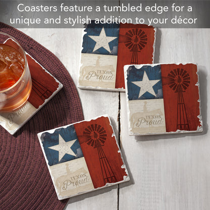 Thirstystone Texas Proud 4-Pack Tumbled Tile Stone Coasters 4" Square Manufactured in the USA