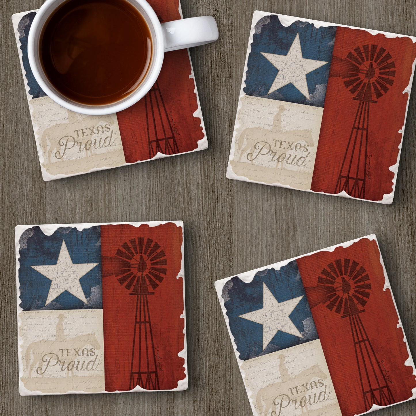 Thirstystone Texas Proud 4-Pack Tumbled Tile Stone Coasters 4" Square Manufactured in the USA