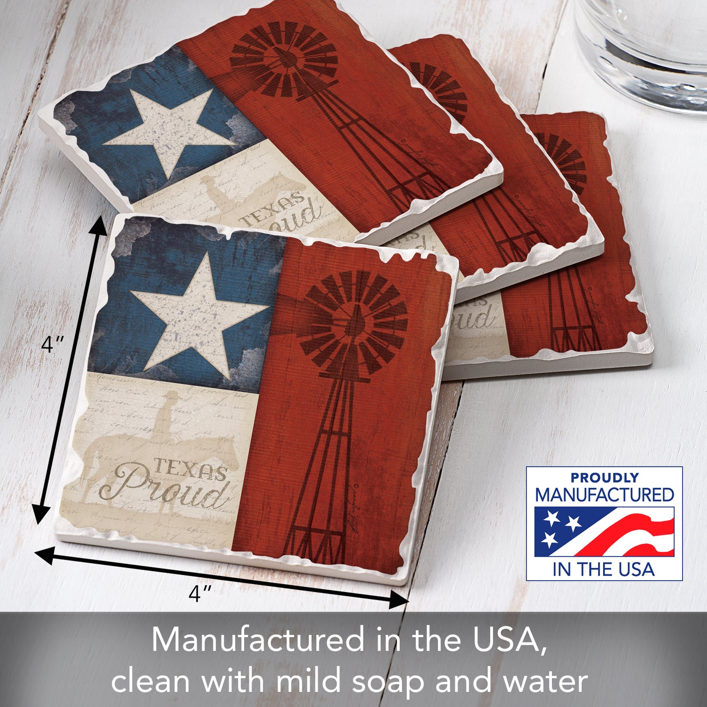 Thirstystone Texas Proud 4-Pack Tumbled Tile Stone Coasters 4" Square Manufactured in the USA