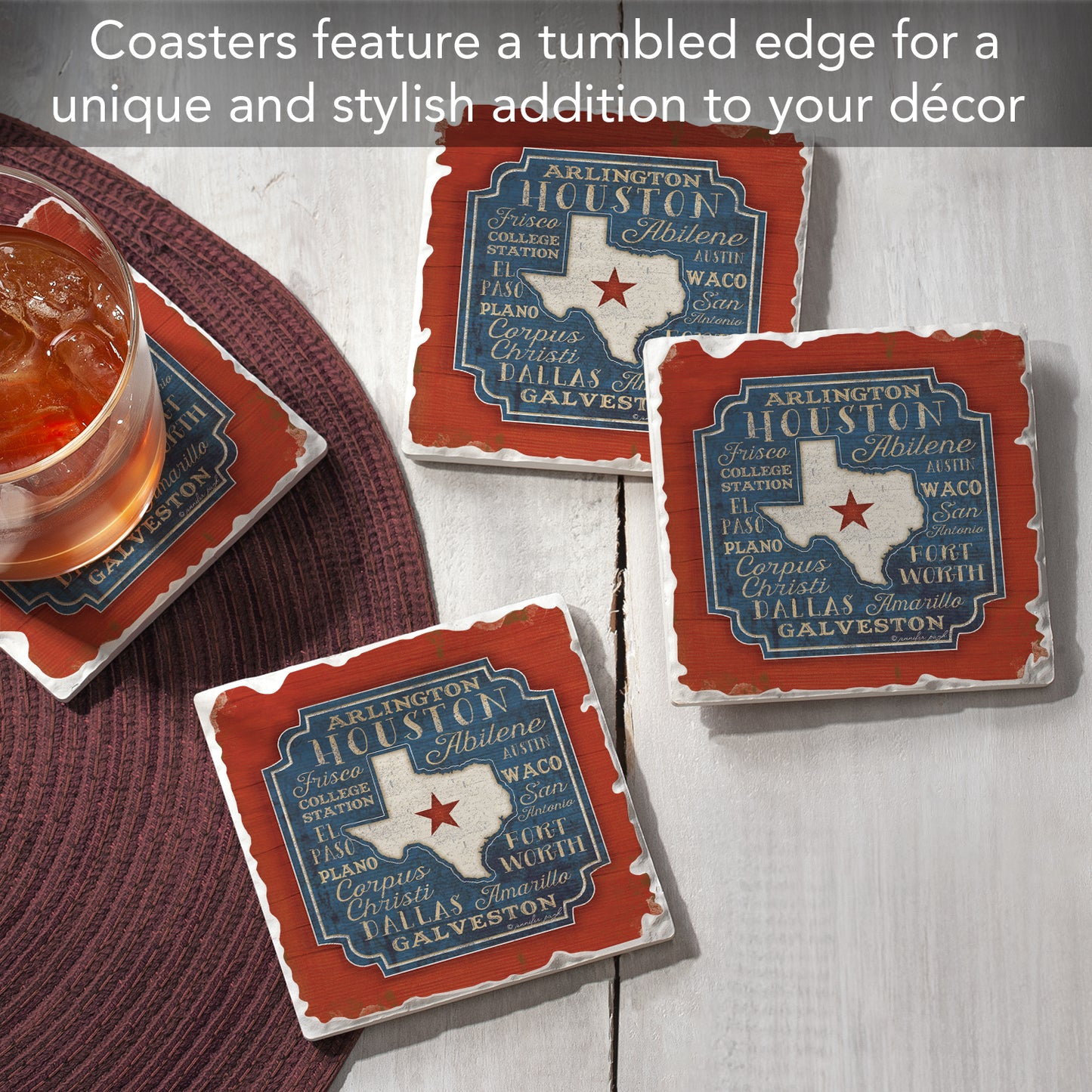 Thirstystone Texas Cities 4 Pack Tumbled Tile Stone Coasters 4" Square Manufactured in the USA