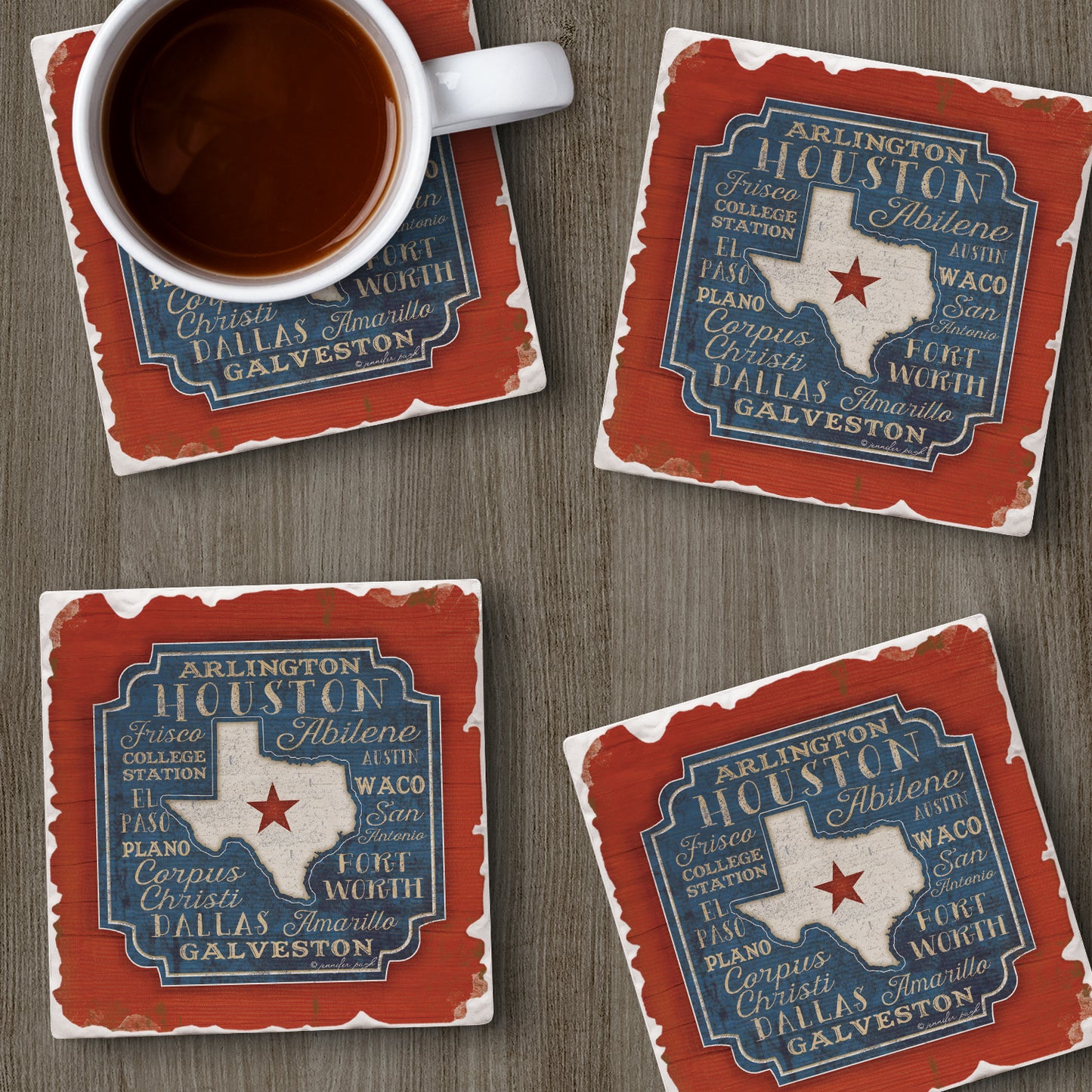 Thirstystone Texas Cities 4 Pack Tumbled Tile Stone Coasters 4" Square Manufactured in the USA