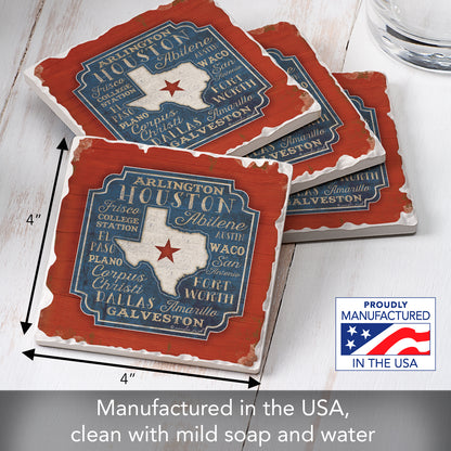 Thirstystone Texas Cities 4 Pack Tumbled Tile Stone Coasters 4" Square Manufactured in the USA