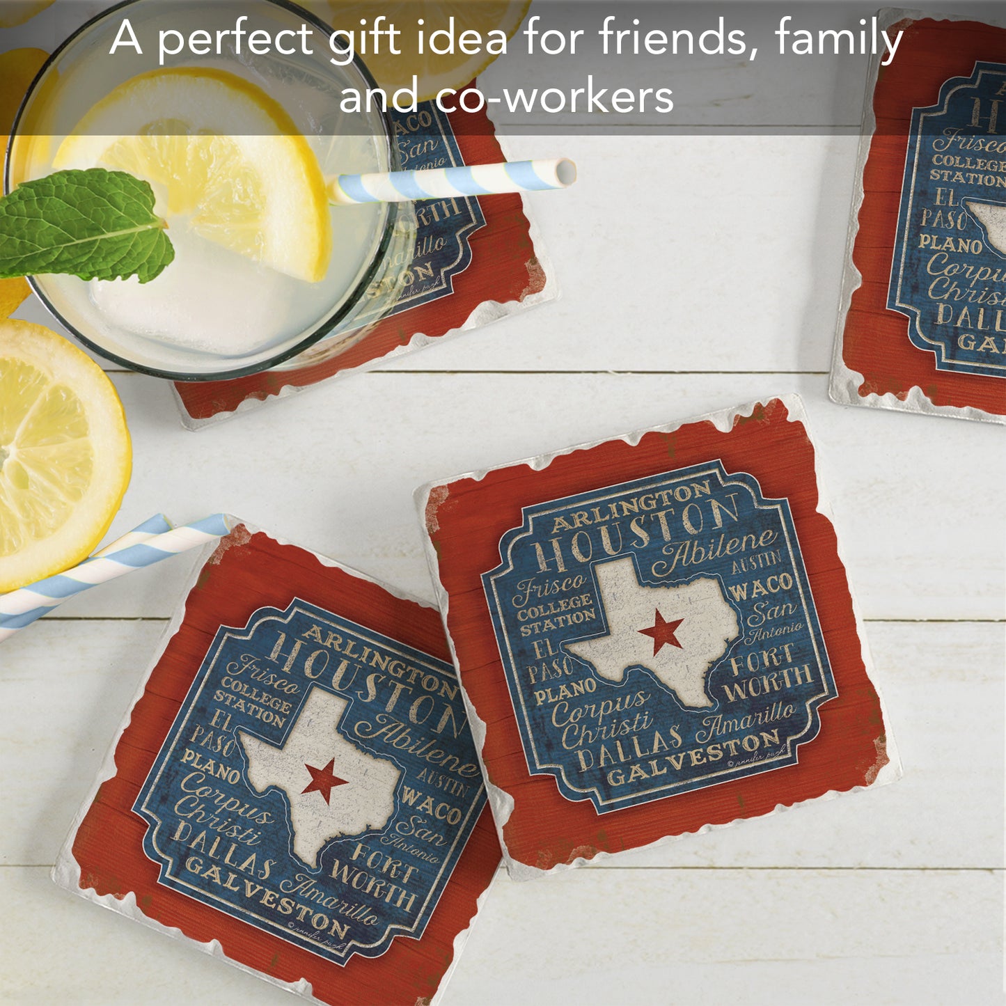 Thirstystone Texas Cities 4 Pack Tumbled Tile Stone Coasters 4" Square Manufactured in the USA