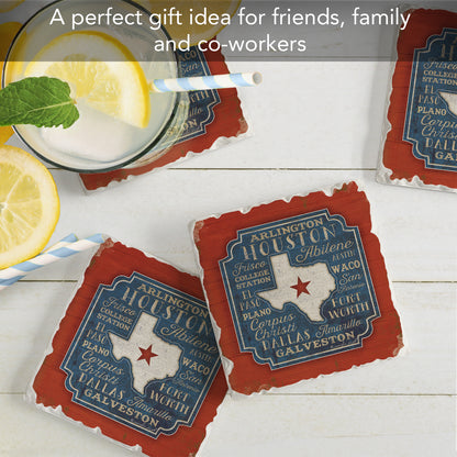 Thirstystone Texas Cities 4 Pack Tumbled Tile Stone Coasters 4" Square Manufactured in the USA