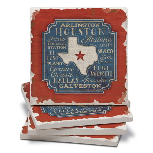 Thirstystone Texas Cities 4 Pack Tumbled Tile Stone Coasters 4" Square Manufactured in the USA