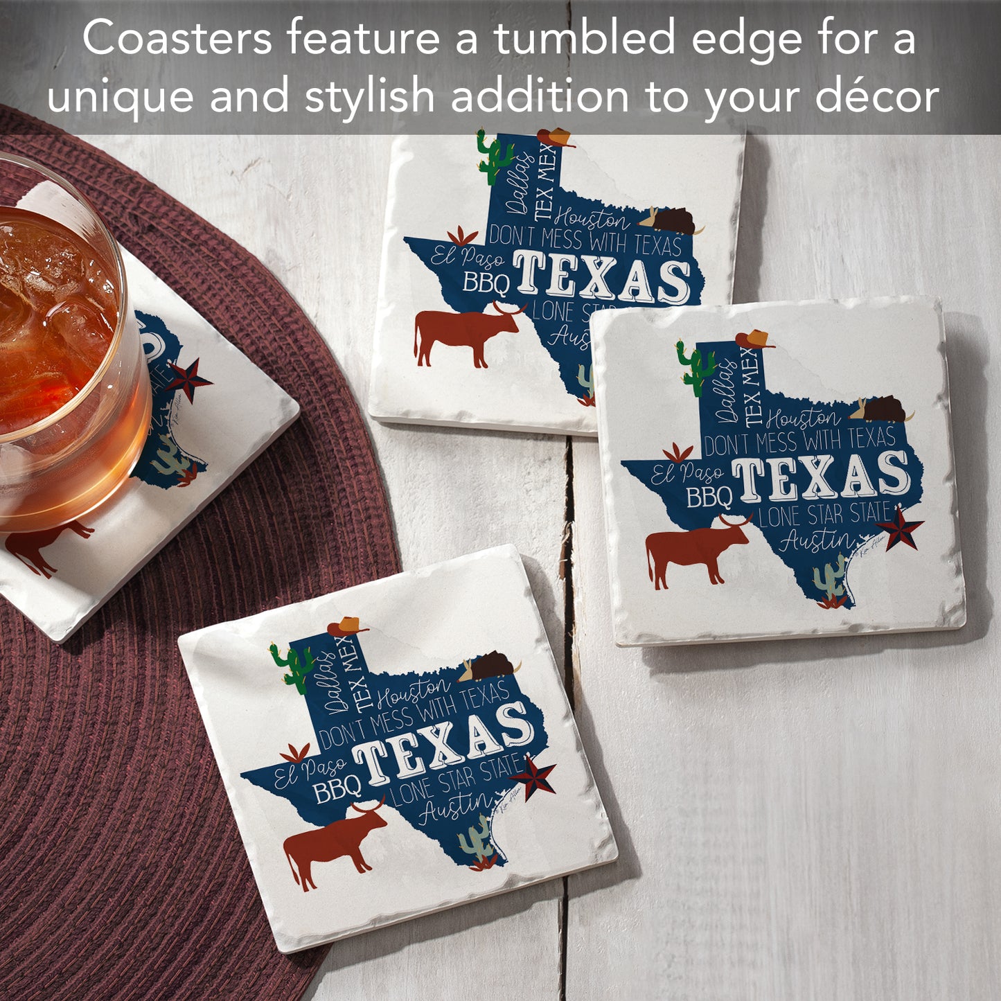 Thirstystone Texas Favorites 4 Pack Tumbled Tile Stone Coasters 4" Square Manufactured in The USA