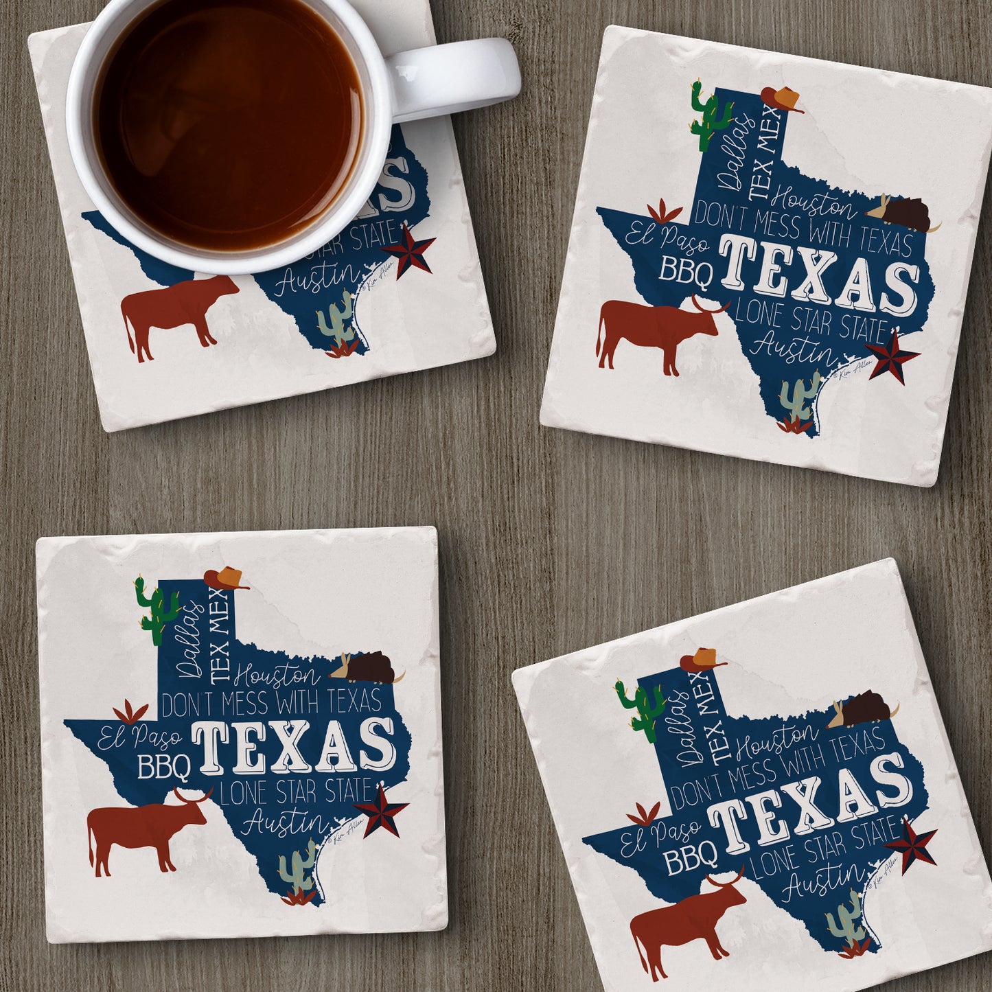 Thirstystone Texas Favorites 4 Pack Tumbled Tile Stone Coasters 4" Square Manufactured in The USA
