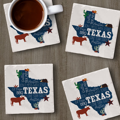 Thirstystone Texas Favorites 4 Pack Tumbled Tile Stone Coasters 4" Square Manufactured in The USA