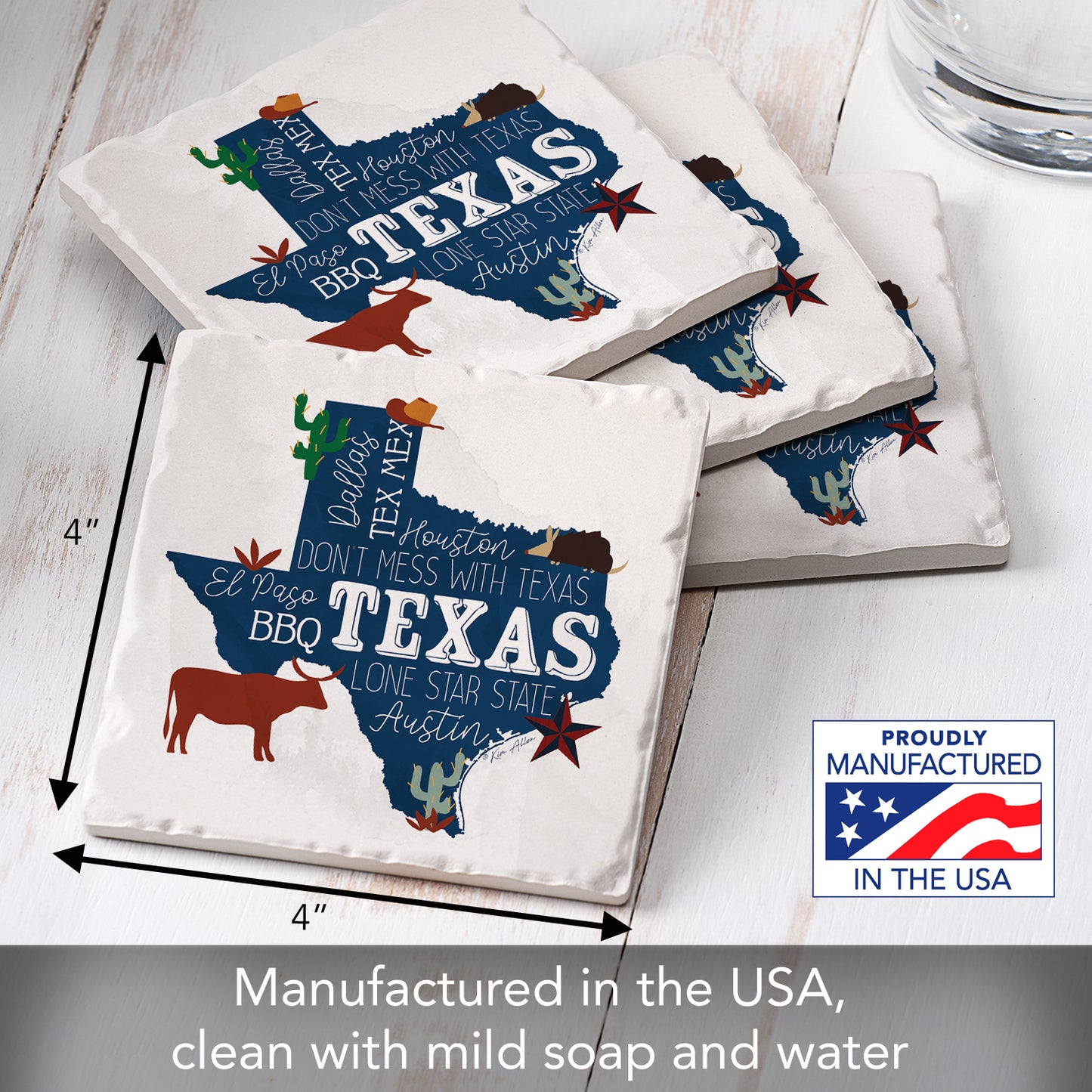 Thirstystone Texas Favorites 4 Pack Tumbled Tile Stone Coasters 4" Square Manufactured in The USA