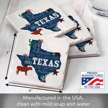 Thirstystone Texas Favorites 4 Pack Tumbled Tile Stone Coasters 4" Square Manufactured in The USA