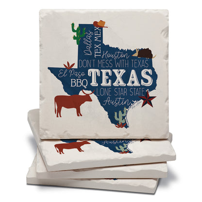 Thirstystone Texas Favorites 4 Pack Tumbled Tile Stone Coasters 4" Square Manufactured in The USA