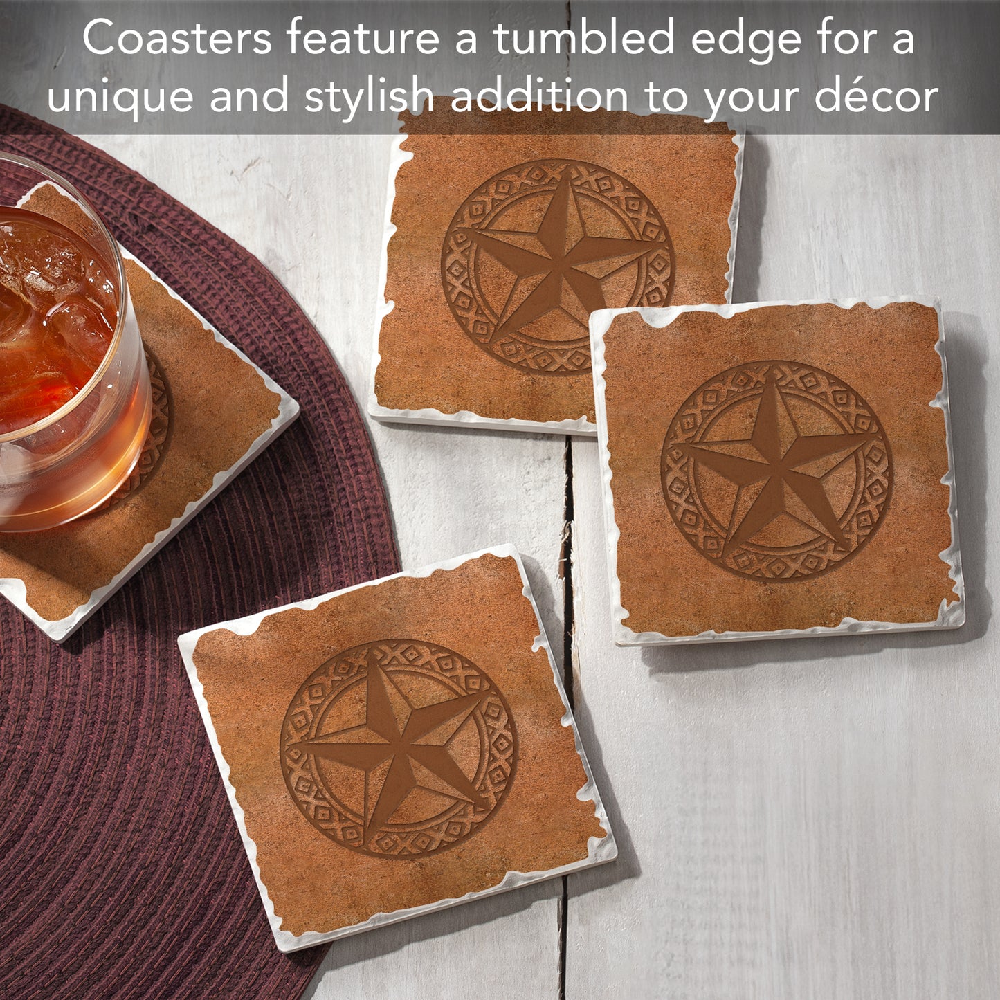 Thirstystone Leather Lonestar 4 Pack Tumbled Tile Stone Coasters 4" Square Manufactured in the USA