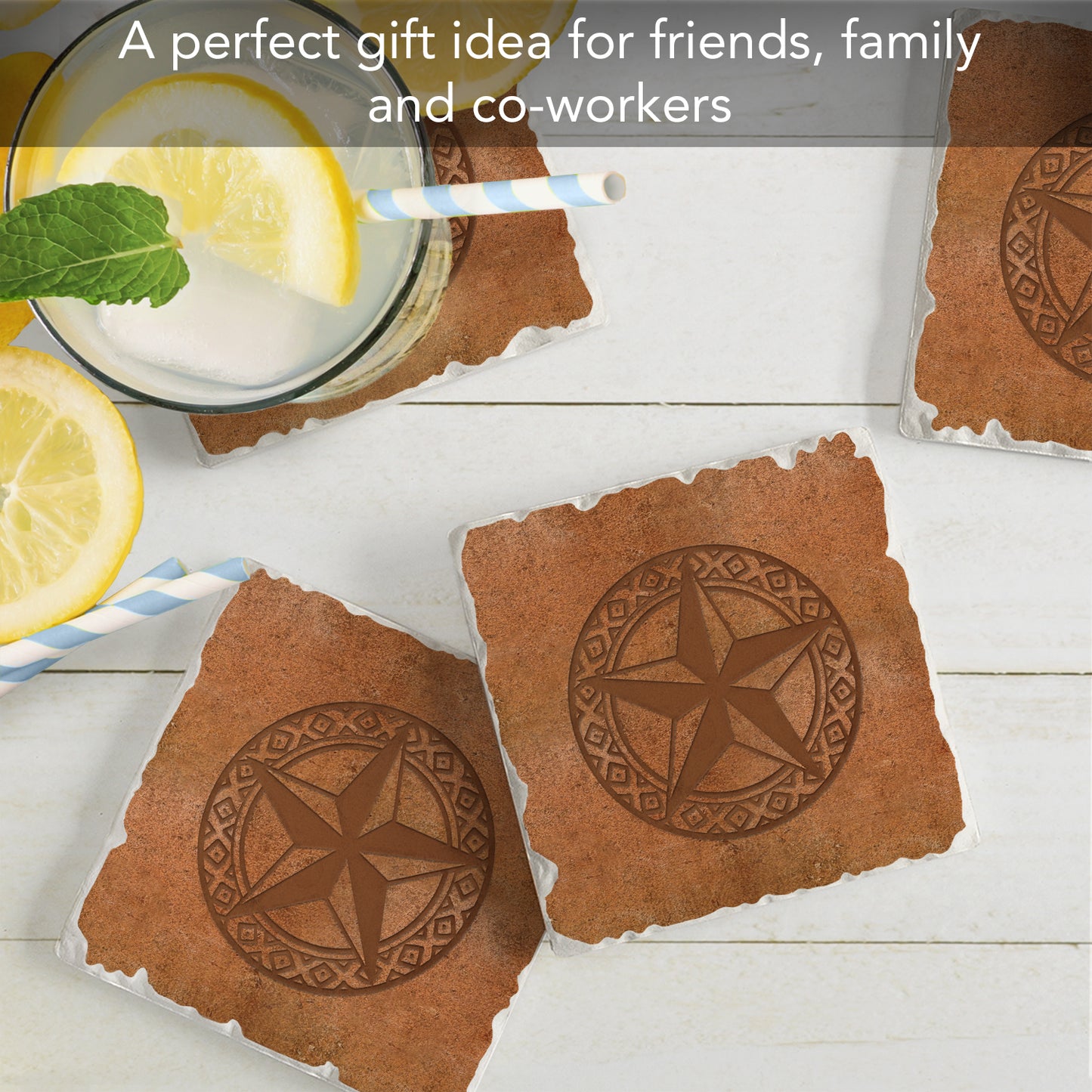 Thirstystone Leather Lonestar 4 Pack Tumbled Tile Stone Coasters 4" Square Manufactured in the USA
