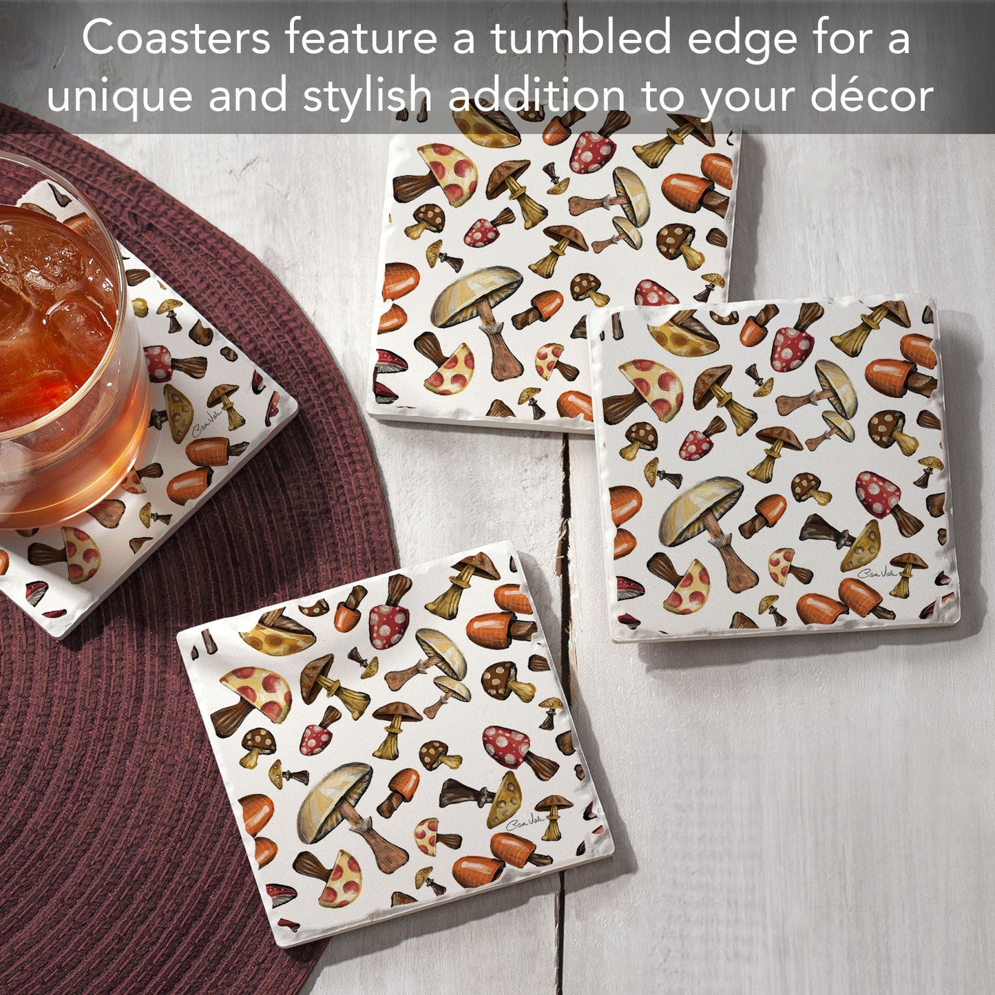 Thirstystone Mushroom Harvest 4 Pack Tumbled Tile Stone Coasters 4" Square Manufactured in the USA