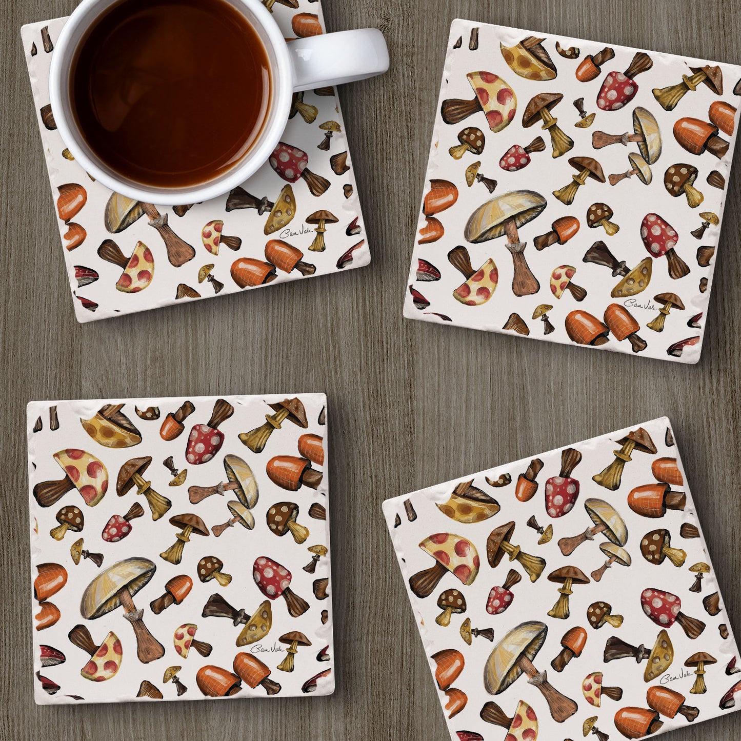 Thirstystone Mushroom Harvest 4 Pack Tumbled Tile Stone Coasters 4" Square Manufactured in the USA