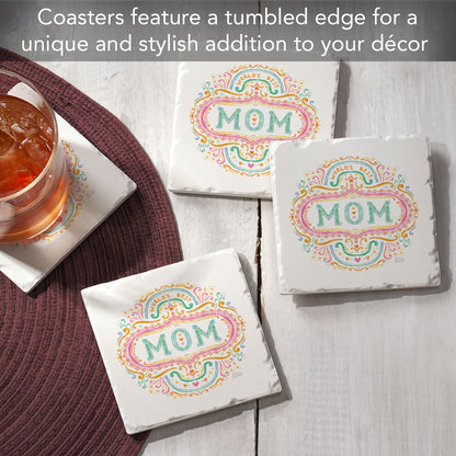 Thirstystone Mom 4P ack Tumbled Tile Stone Coasters 4" Square Manufactured in the USA
