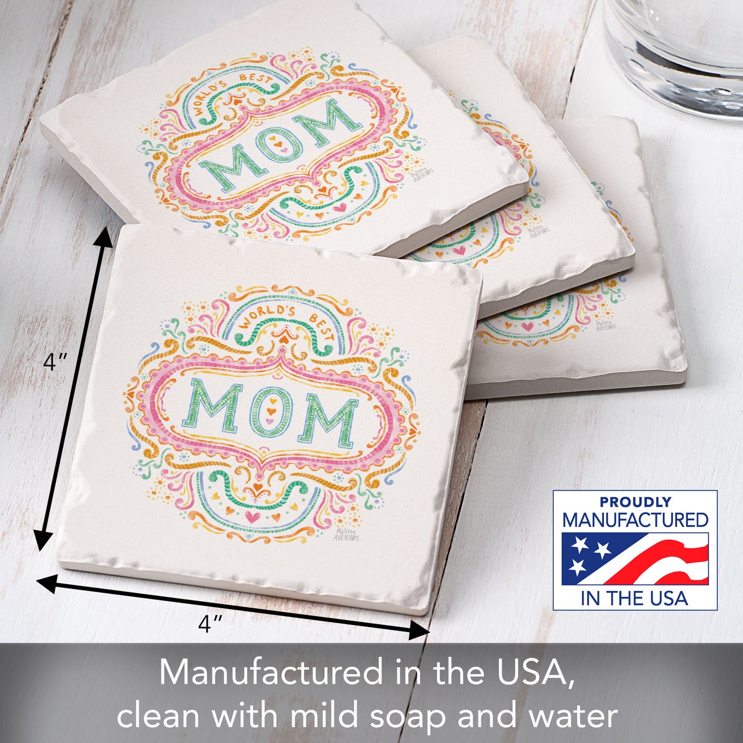 Thirstystone Mom 4P ack Tumbled Tile Stone Coasters 4" Square Manufactured in the USA