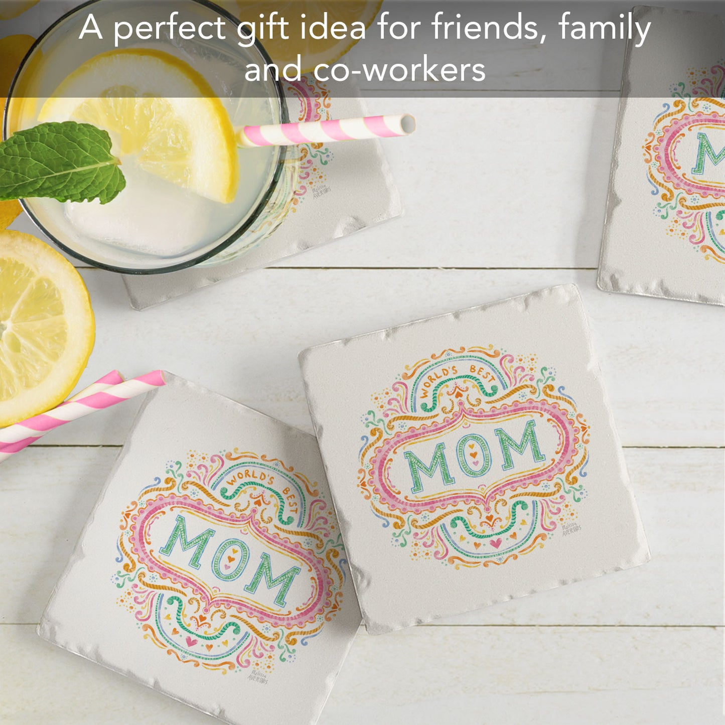 Thirstystone Mom 4P ack Tumbled Tile Stone Coasters 4" Square Manufactured in the USA