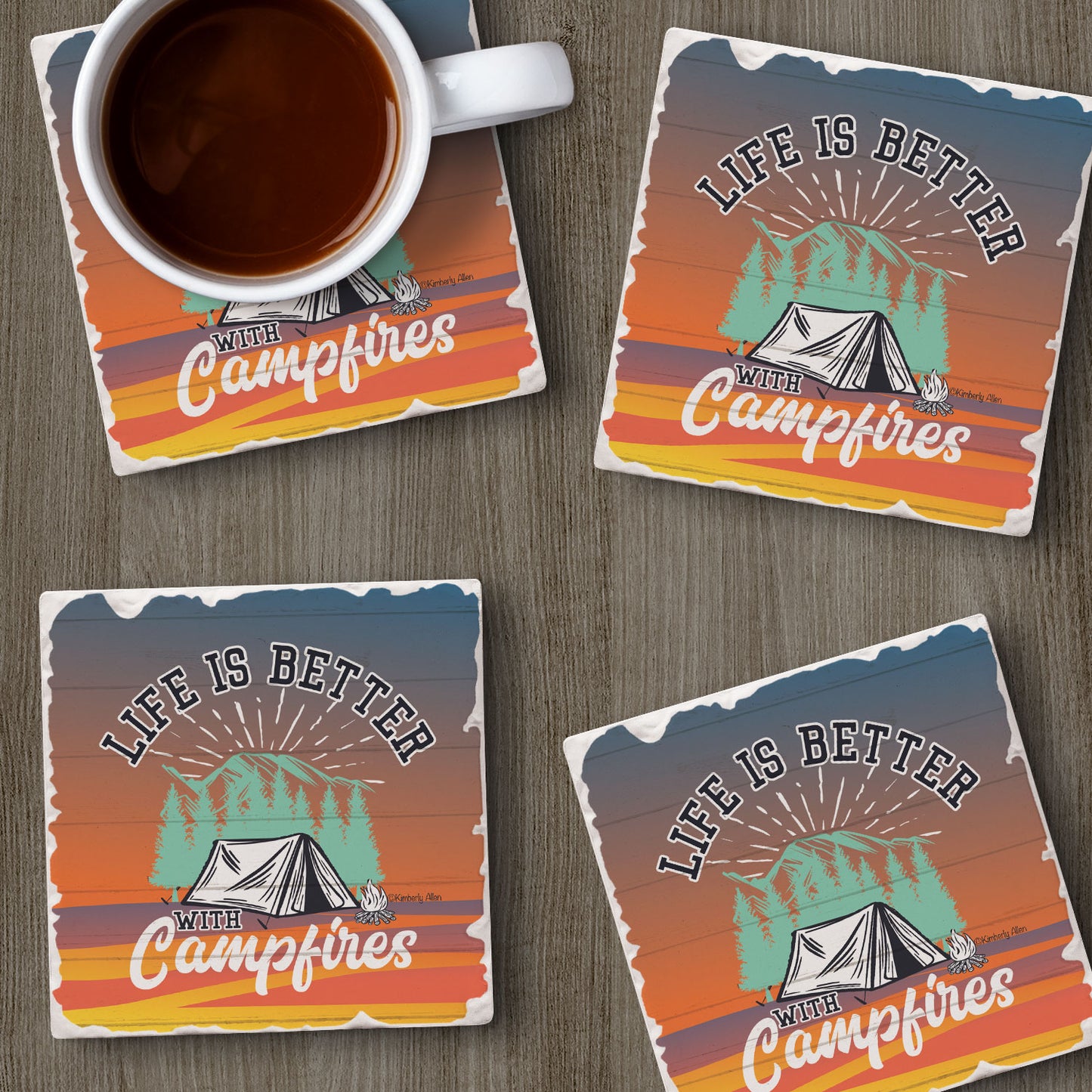 Thirstystone Campfires 4-Pack Tumbled Tile Stone Coasters 4" Square Manufactured in The USA