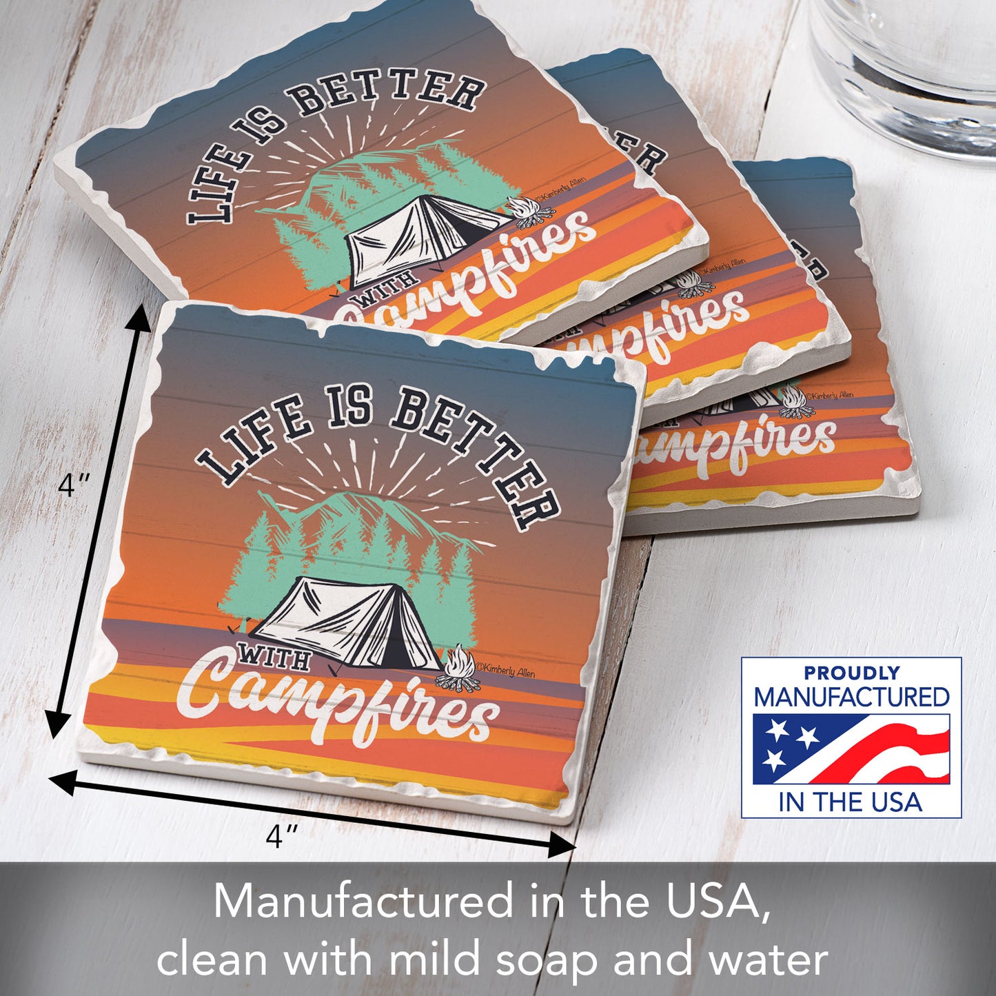 Thirstystone Campfires 4-Pack Tumbled Tile Stone Coasters 4" Square Manufactured in The USA