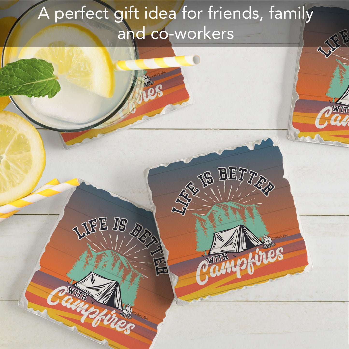Thirstystone Campfires 4-Pack Tumbled Tile Stone Coasters 4" Square Manufactured in The USA