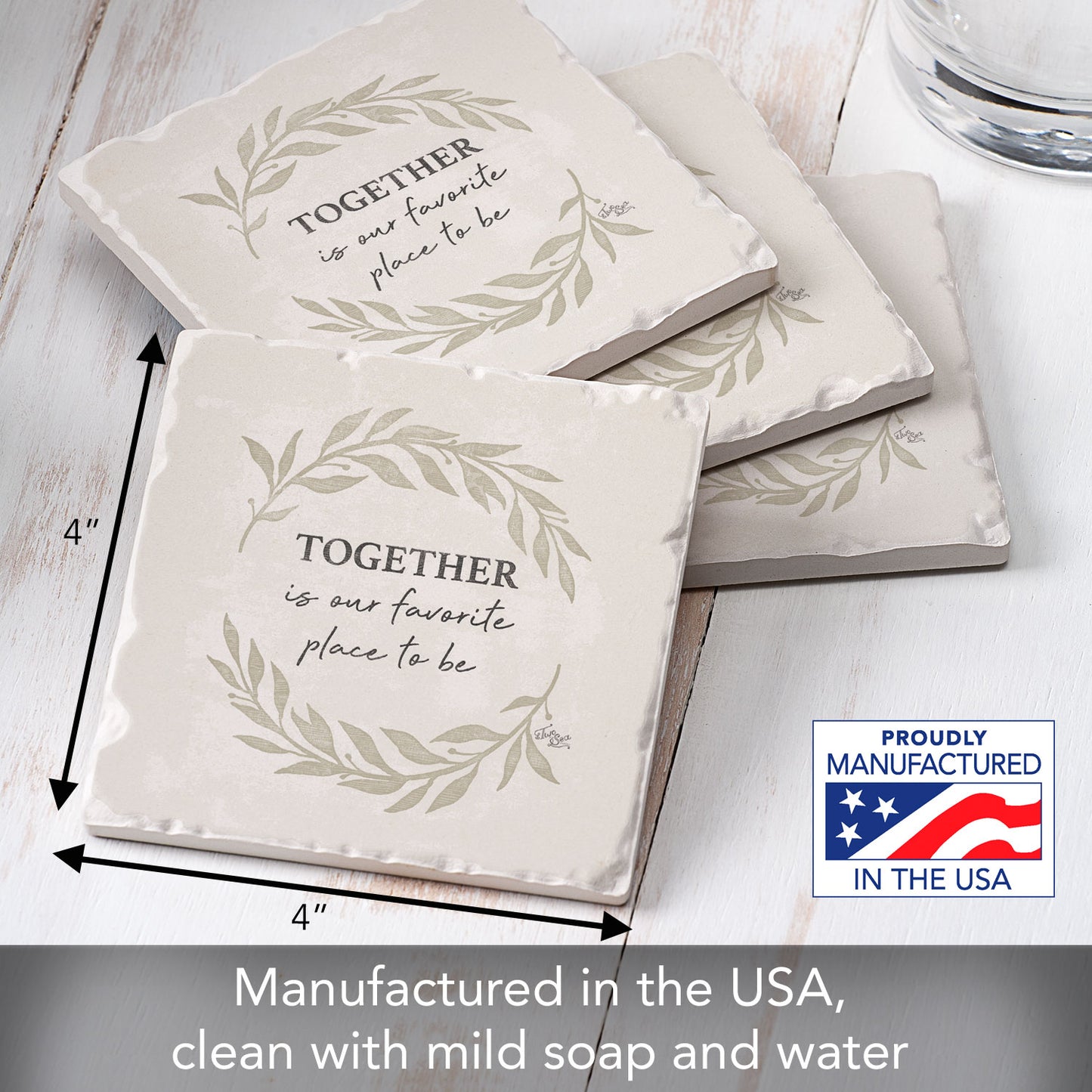 Thirstystone Favorite Place Together 4 Pack Tumbled Tile Stone Coasters 4" Square Manufactured in the USA