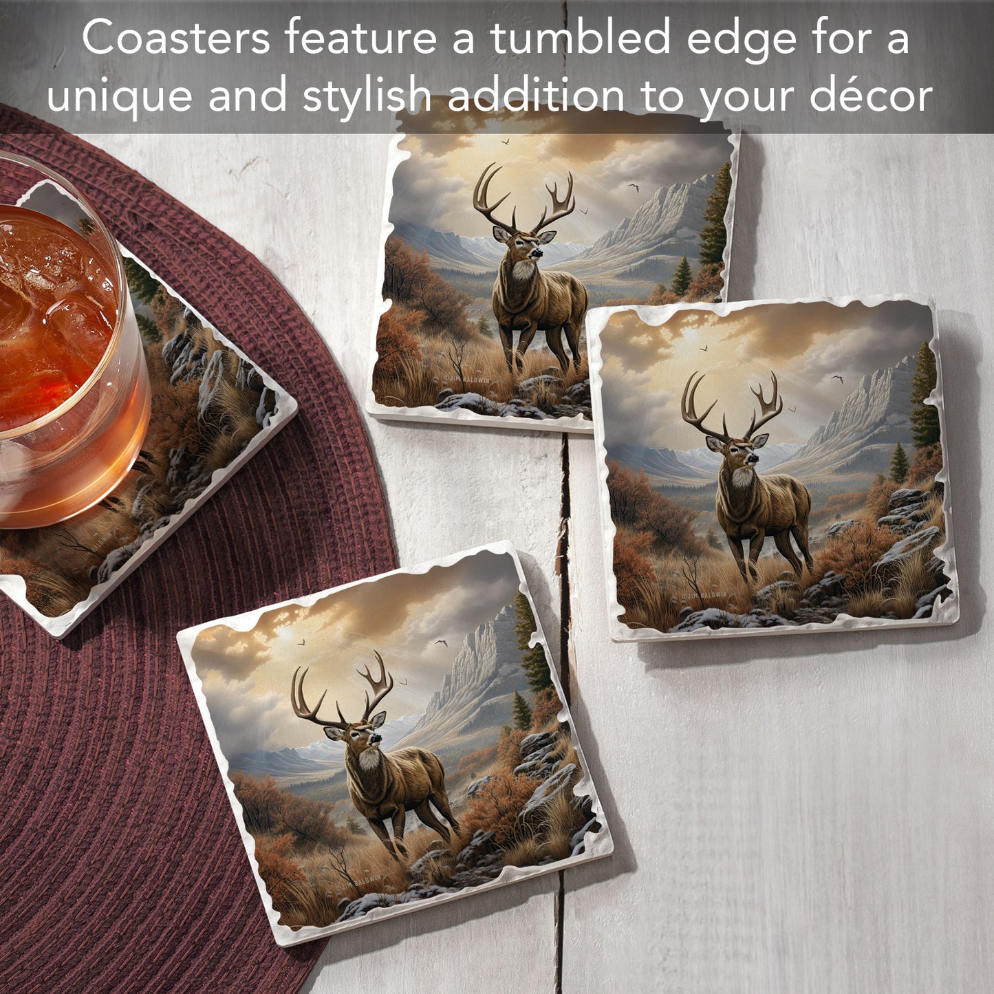 Thirstystone Woodland Deer 4 Pack Tumbled Tile Stone Coasters 4" Square Manufactured in the USA