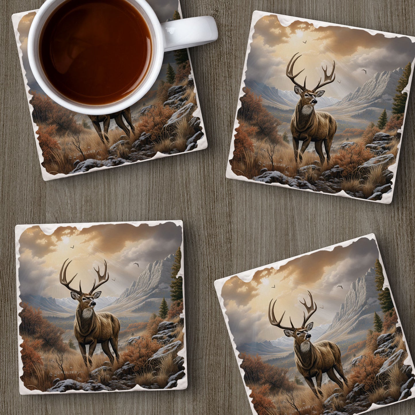 Thirstystone Woodland Deer 4 Pack Tumbled Tile Stone Coasters 4" Square Manufactured in the USA