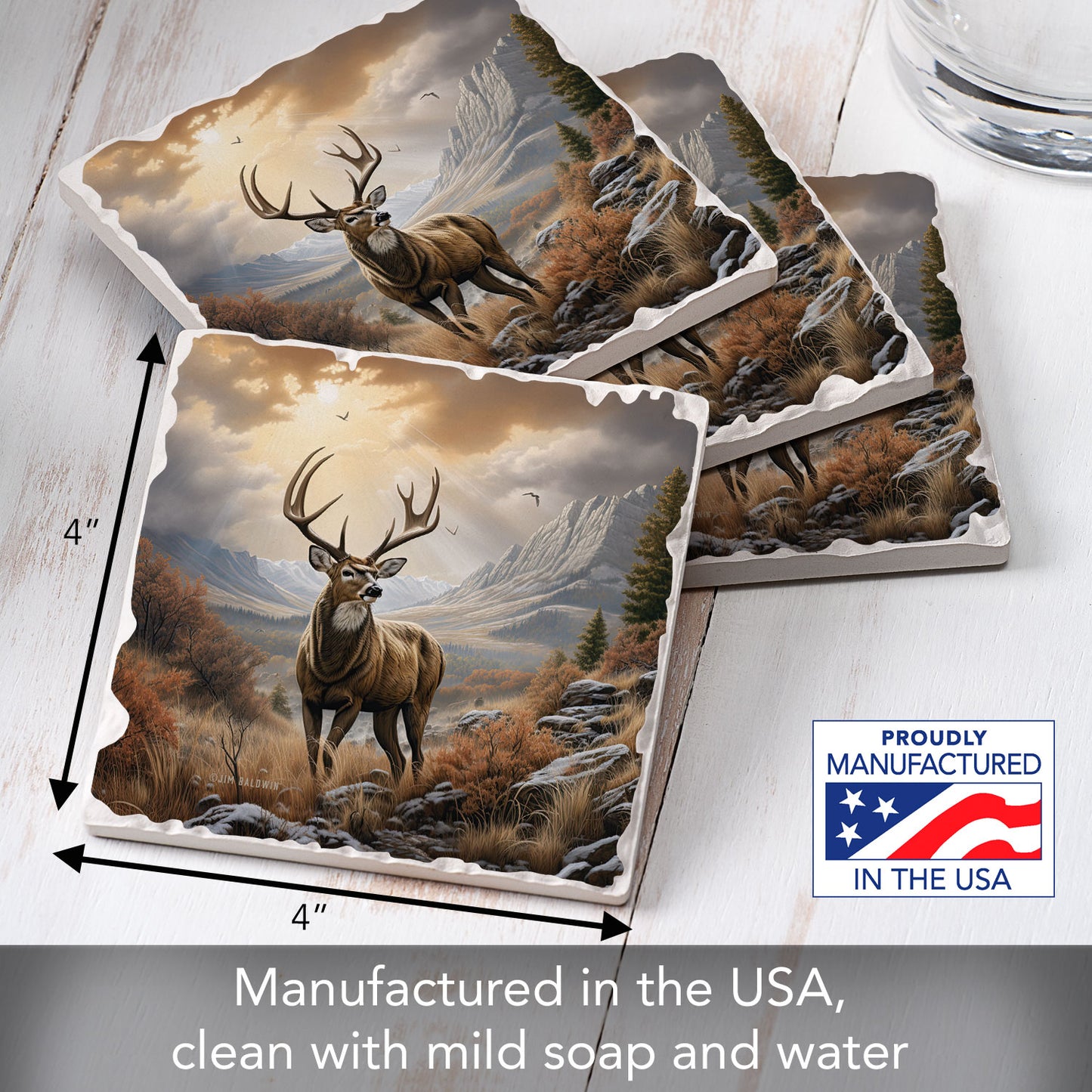 Thirstystone Woodland Deer 4 Pack Tumbled Tile Stone Coasters 4" Square Manufactured in the USA