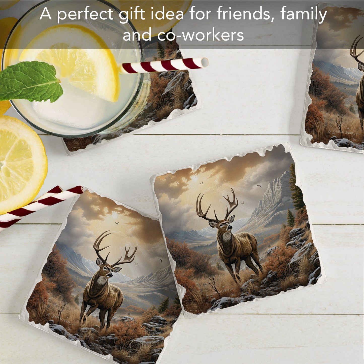 Thirstystone Woodland Deer 4 Pack Tumbled Tile Stone Coasters 4" Square Manufactured in the USA