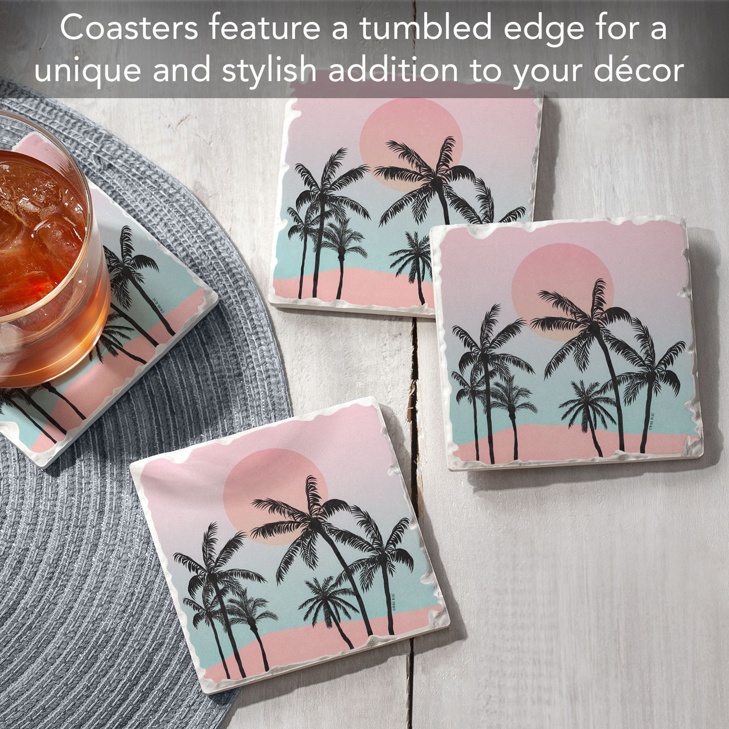 Thirstystone Palm Tree Coast 4 Pack Tumbled Tile Stone Coasters 4" Square Manufactured in the USA