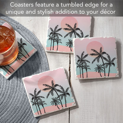 Thirstystone Palm Tree Coast 4 Pack Tumbled Tile Stone Coasters 4" Square Manufactured in the USA