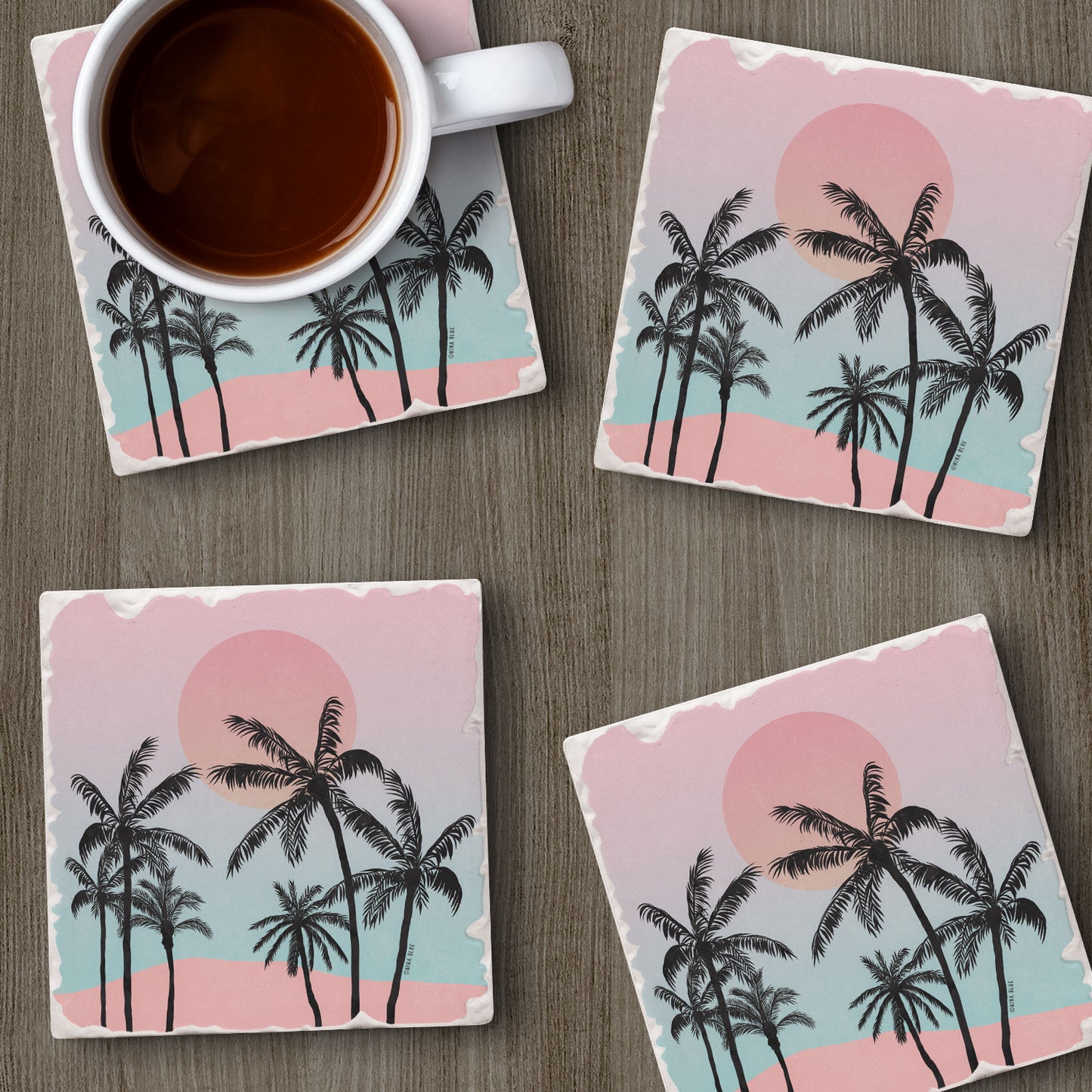 Thirstystone Palm Tree Coast 4 Pack Tumbled Tile Stone Coasters 4" Square Manufactured in the USA