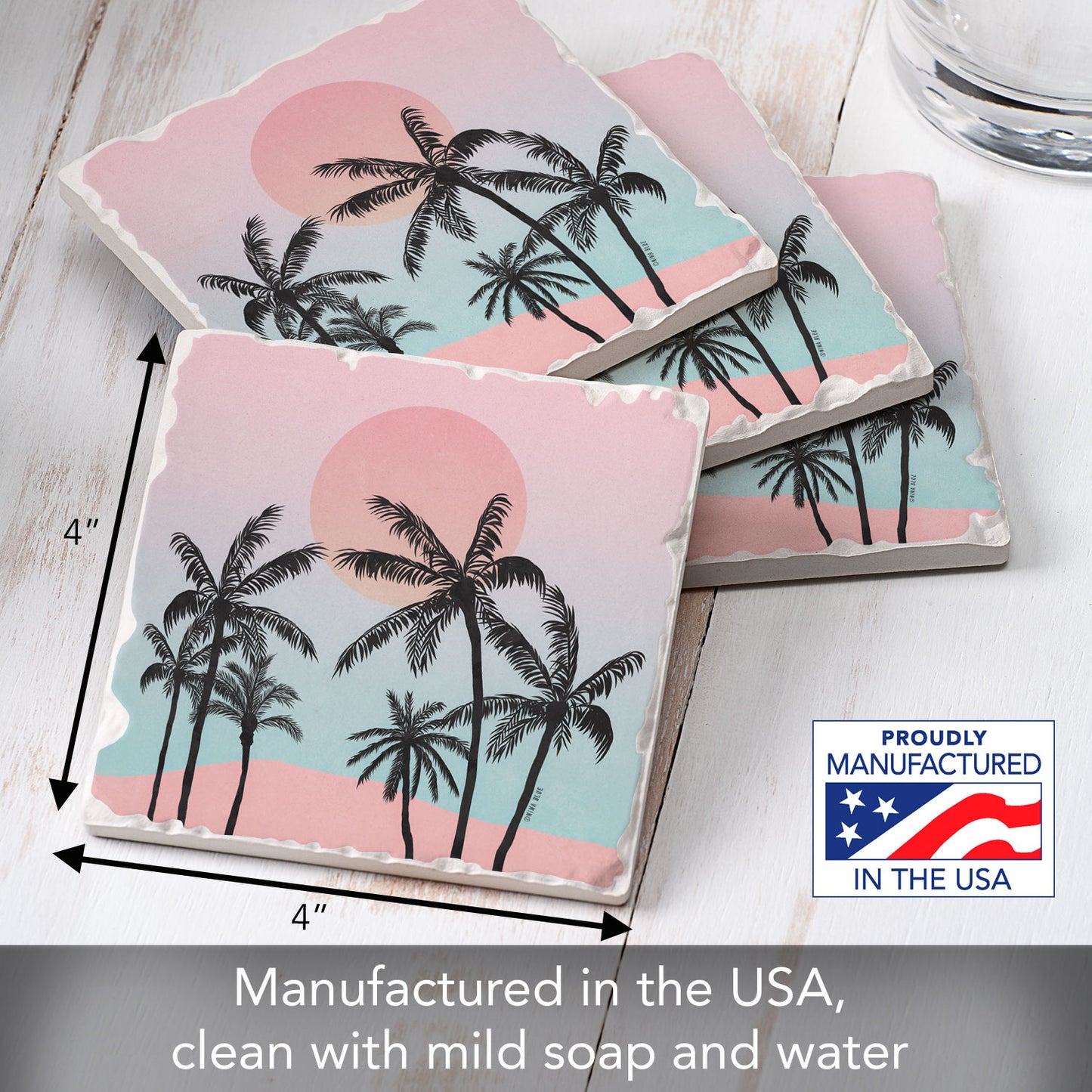 Thirstystone Palm Tree Coast 4 Pack Tumbled Tile Stone Coasters 4" Square Manufactured in the USA