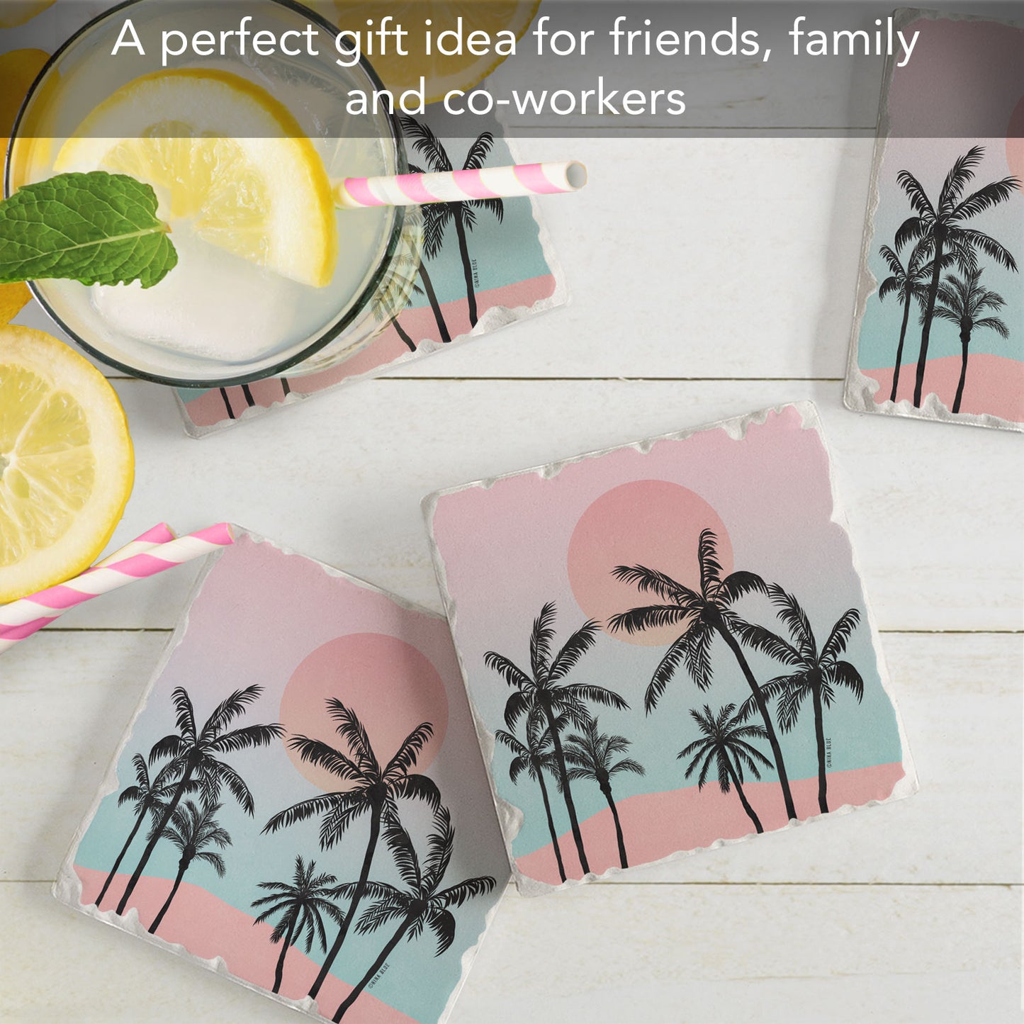Thirstystone Palm Tree Coast 4 Pack Tumbled Tile Stone Coasters 4" Square Manufactured in the USA