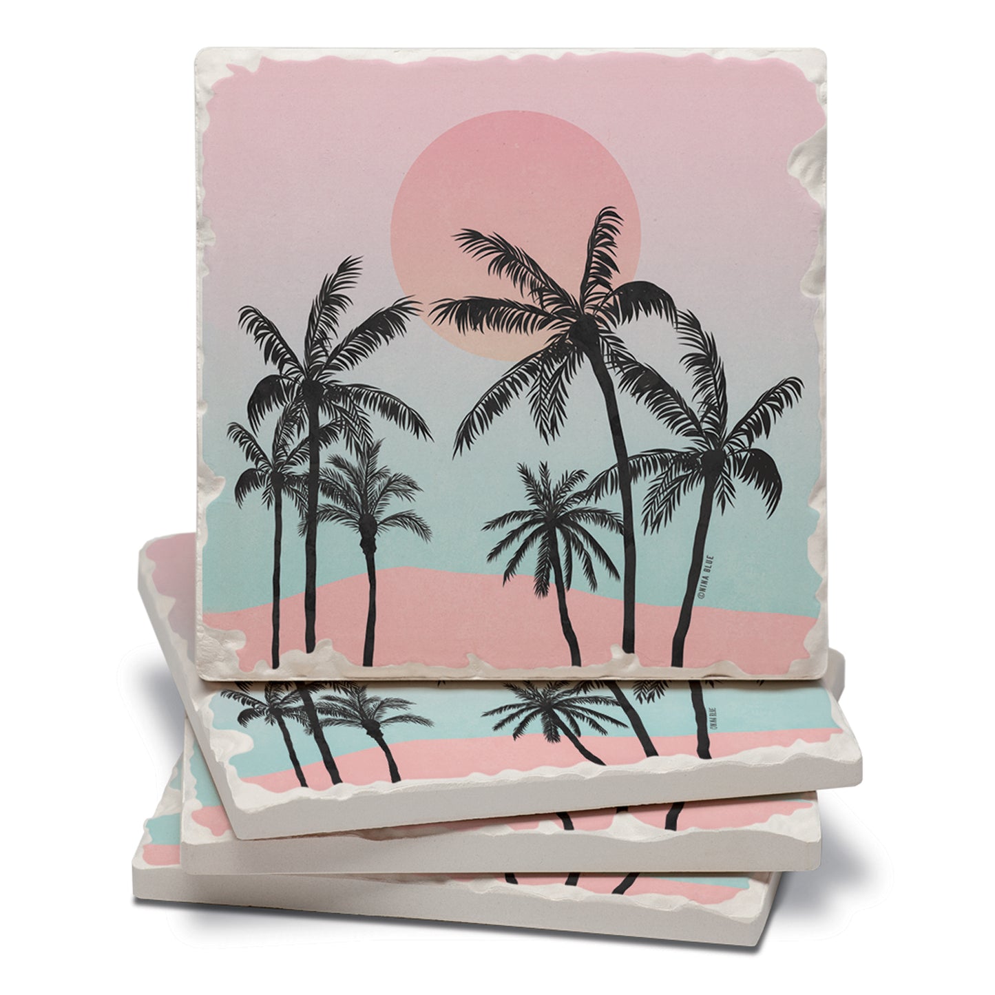 Thirstystone Palm Tree Coast 4 Pack Tumbled Tile Stone Coasters 4" Square Manufactured in the USA