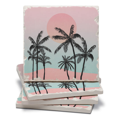 Thirstystone Palm Tree Coast 4 Pack Tumbled Tile Stone Coasters 4" Square Manufactured in the USA