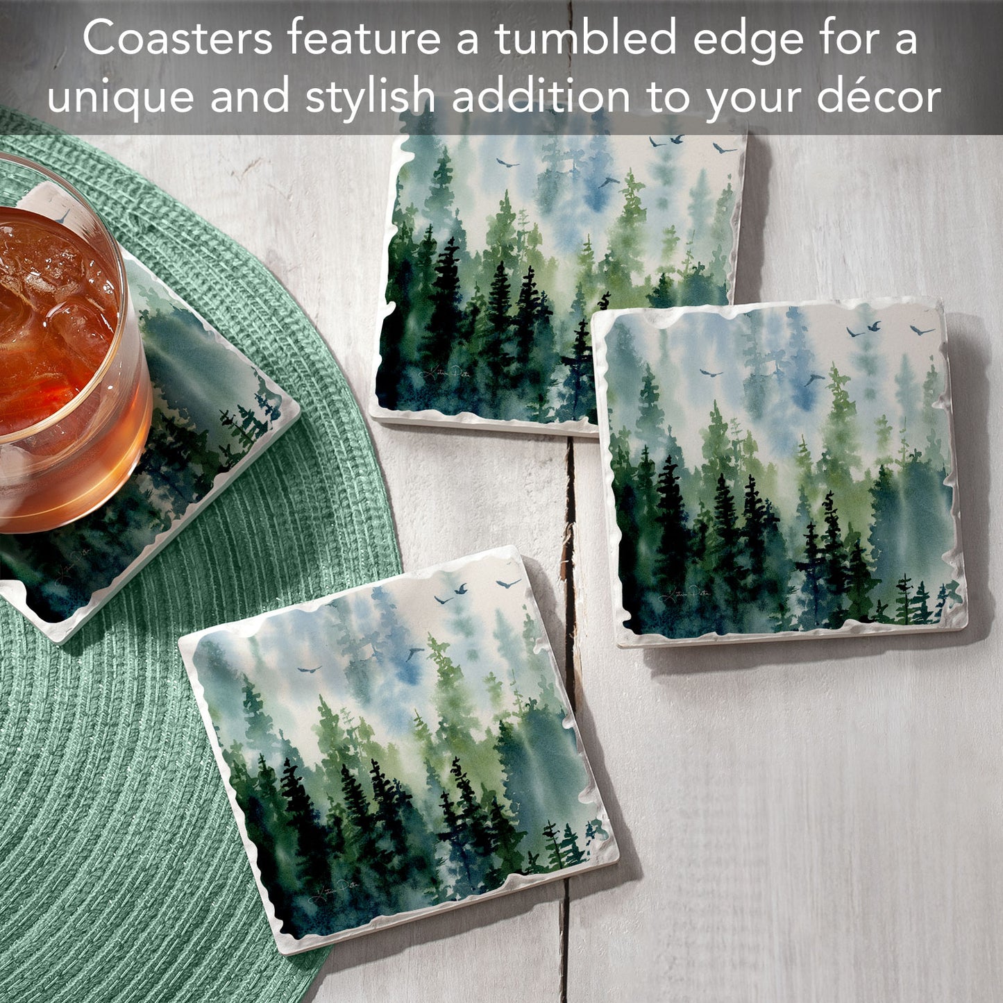 Thirstystone Treeline 4 Pack Tumbled Tile Stone Coasters 4" Square Manufactured in the USA