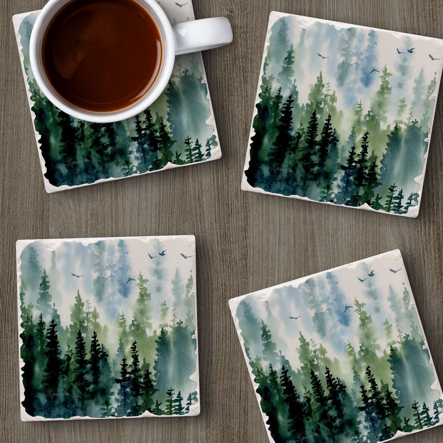Thirstystone Treeline 4 Pack Tumbled Tile Stone Coasters 4" Square Manufactured in the USA