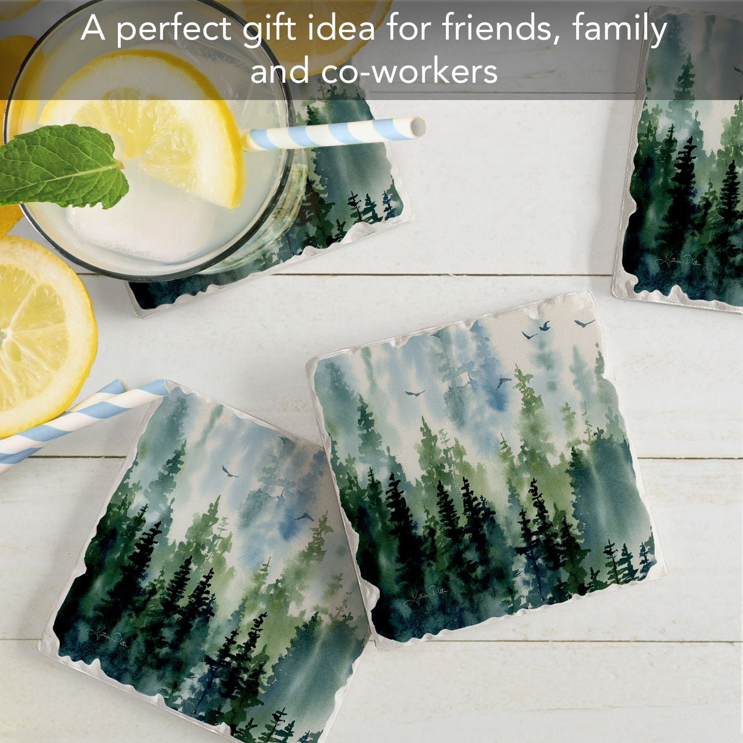 Thirstystone Treeline 4 Pack Tumbled Tile Stone Coasters 4" Square Manufactured in the USA