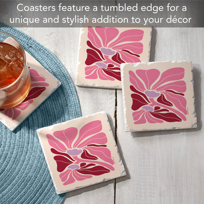Thirstystone Pink Boho Floral 4 Pack Tumbled Tile Stone Coasters 4" Square Manufactured in the USA