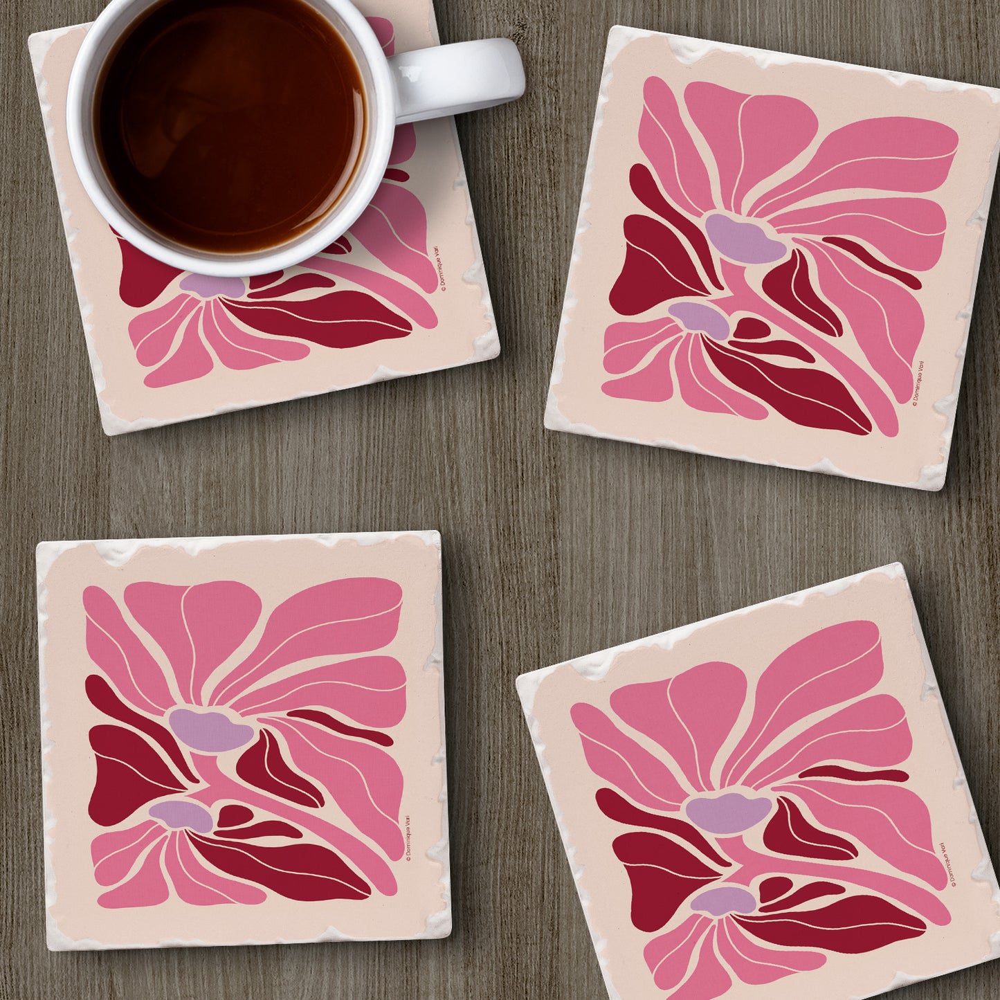 Thirstystone Pink Boho Floral 4 Pack Tumbled Tile Stone Coasters 4" Square Manufactured in the USA